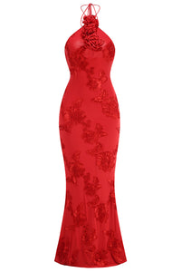 Halter 3D Floral Gown in Red