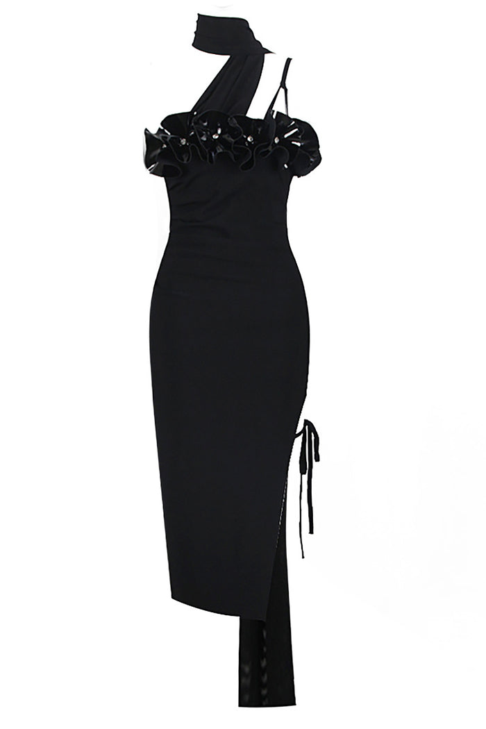 Vestido Midi Florido em Couro 3D Halter em Preto