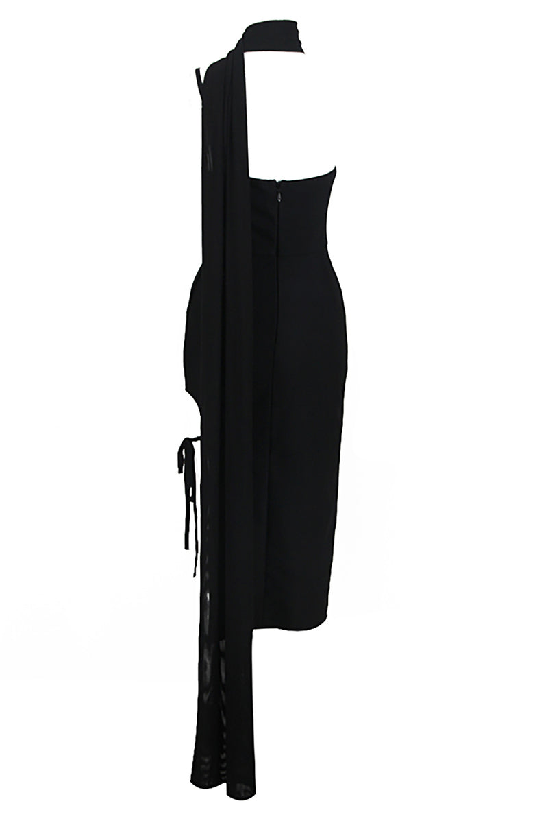 Halter 3D Leather Flower Midi Dress In Black