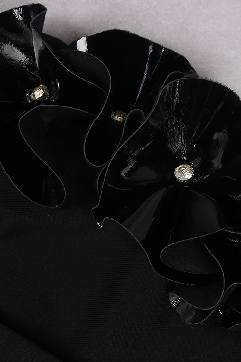Halter 3D Leather Flower Midi Dress In Black
