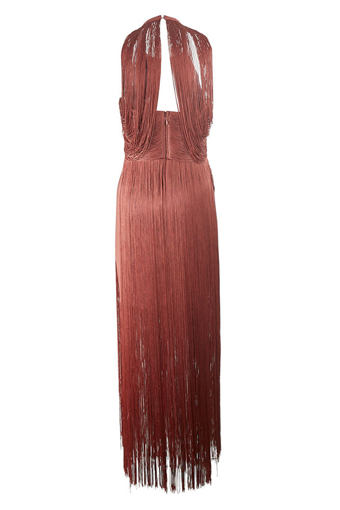 Halter Asymmetrical Fringes Gown