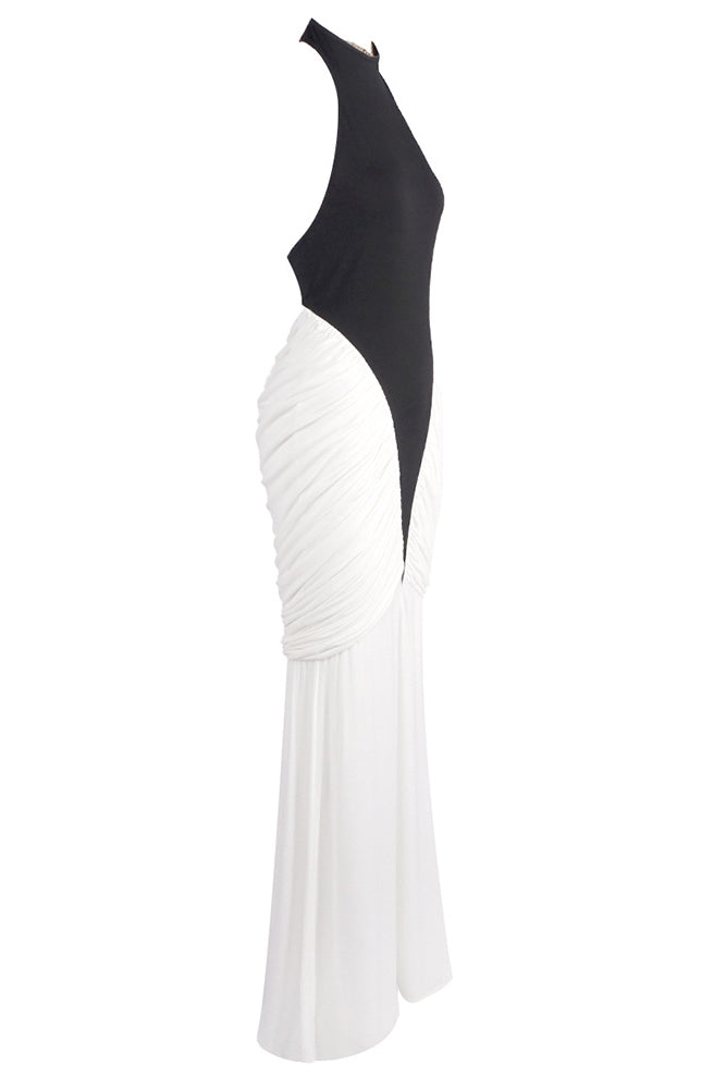 Halter Backless Colorblock Pleated Gown