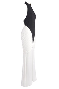 Halter Backless Colorblock Pleated Gown