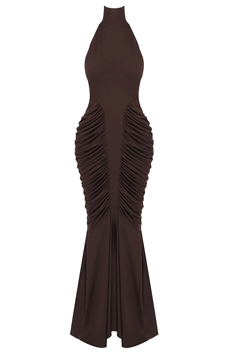 Halter Backless Gathered Maxi Dress in Brown