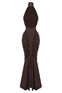 Halter Backless Gathered Maxi Dress in Brown