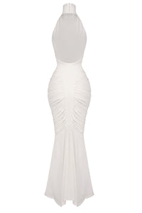Halter Backless Gathered Maxi Dress in white