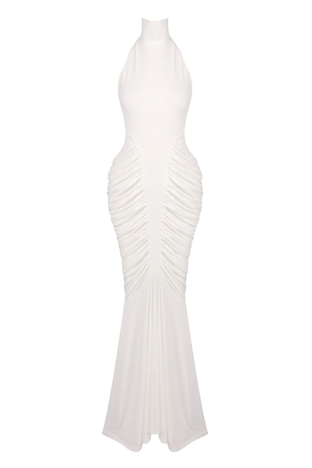 Halter Backless Gathered Maxi Dress in white