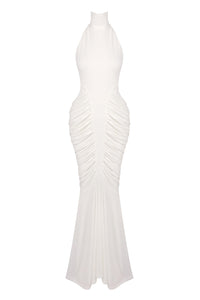 Halter Backless Gathered Maxi Dress in white