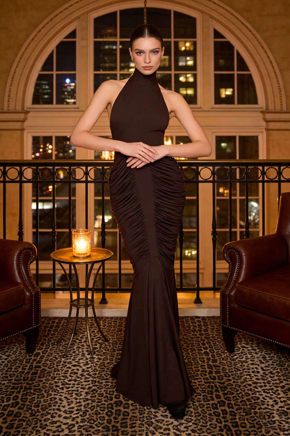 Halter Backless Gathered Maxi Dress in Brown