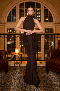 Halter Backless Gathered Maxi Dress in Brown