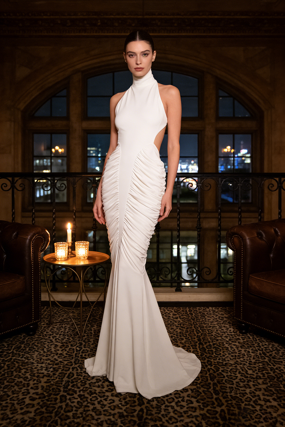 Halter Backless Gathered Maxi Dress in white