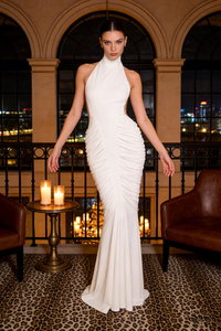 Halter Backless Gathered Maxi Dress in white