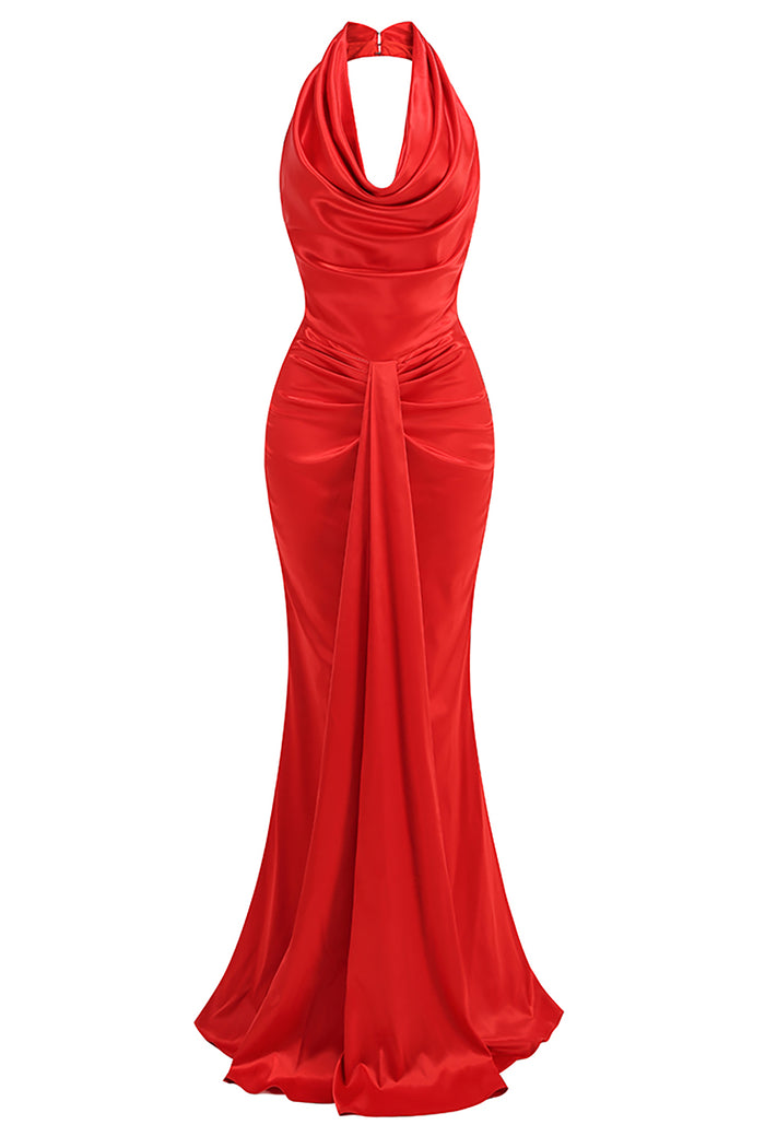 Halter Backless Pleats Satin Maxi Dress