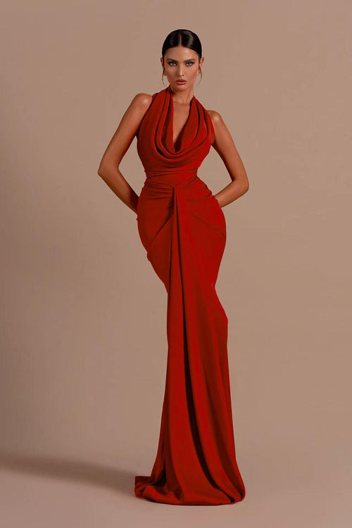 Halter Backless Pleats Satin Maxi Dress IULOVER Halter Backless Pleats Satin Maxi Dress IULOVER