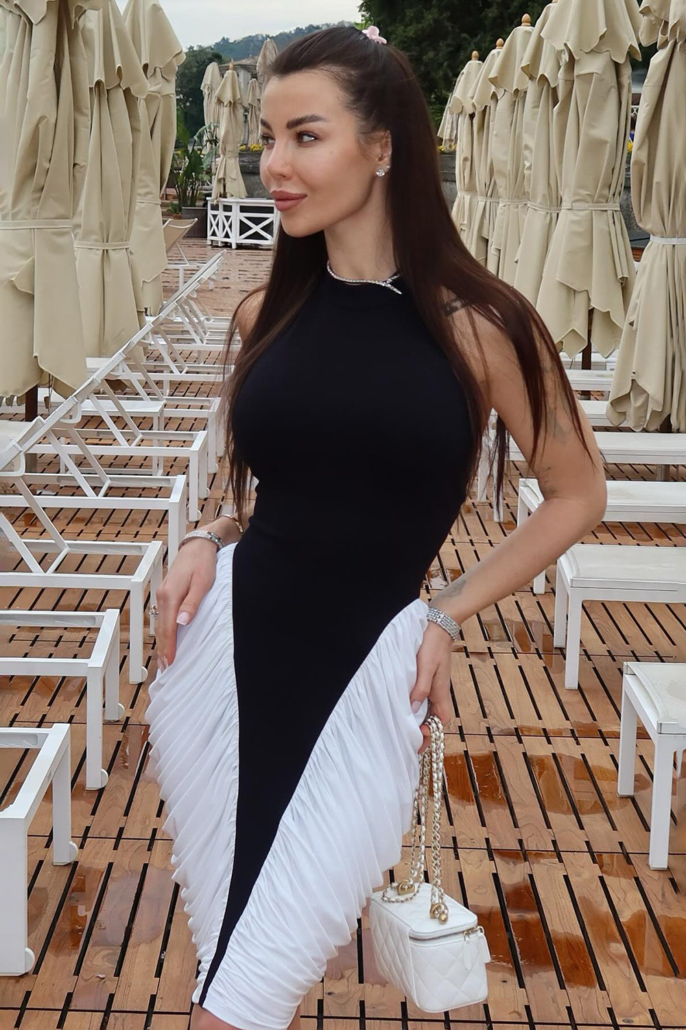 Halter Backless Ruched Colorblock Dress