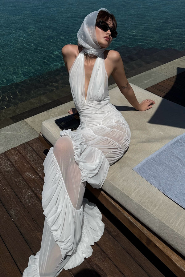 Halter Backless Tulle Maxi Dress