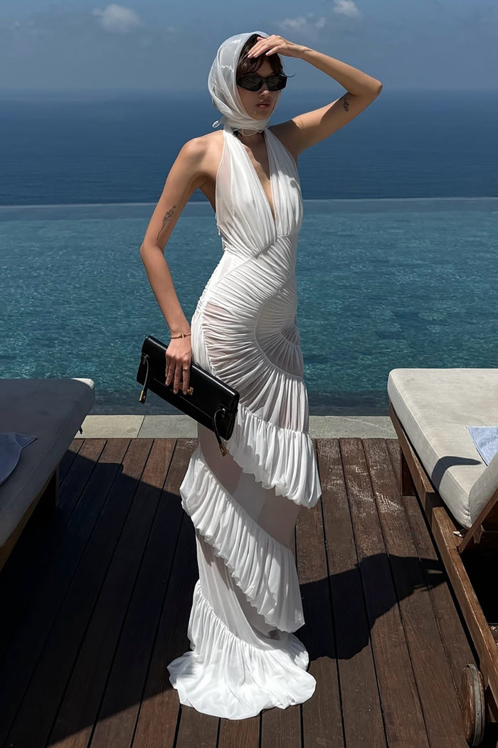 Halter Backless Tulle Maxi Dress IULOVER Halter Backless Tulle Maxi Dress IULOVER