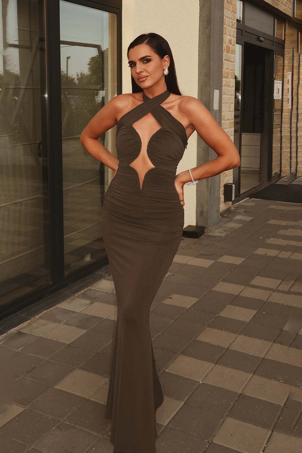 Halter Cross Neck Cut Out Maxi Dress IULOVER Halter Cross Neck Cut Out Maxi Dress IULOVER