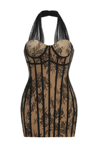 Halter Floral Lace Mini Dress in Black