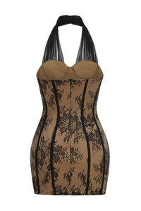 Halter Floral Lace Mini Dress in Black