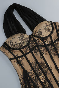 Halter Floral Lace Mini Dress in Black