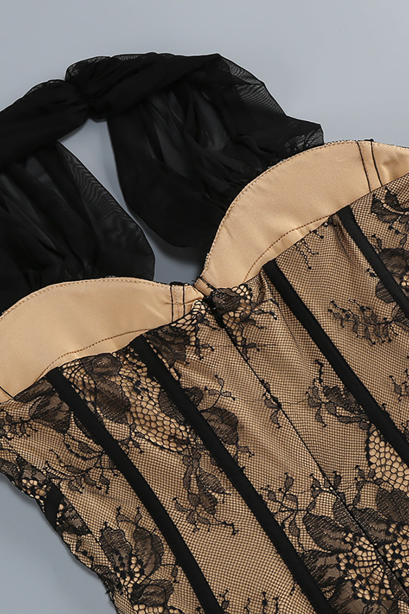 Halter Floral Lace Mini Dress in Black