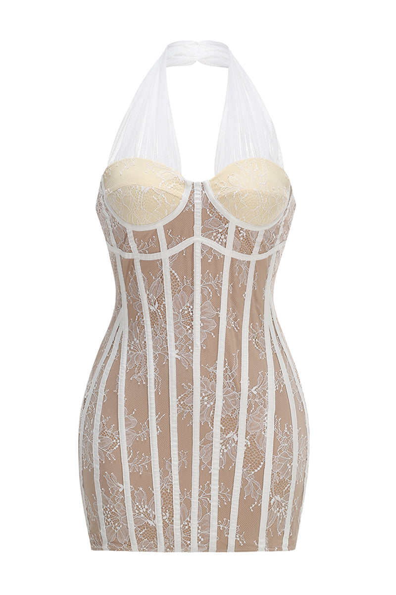 Halter Floral Lace Mini Dress in White