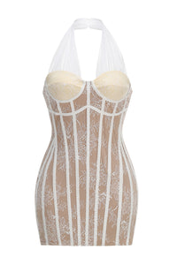 Halter Floral Lace Mini Dress in White