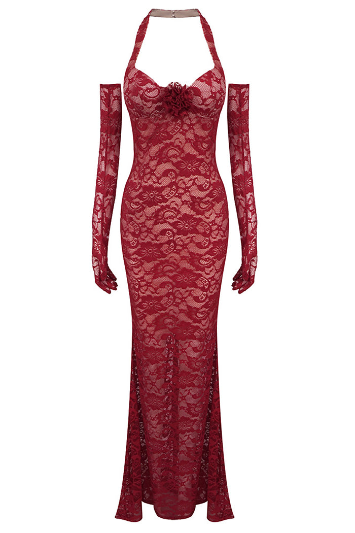 Halter Lace Embellished Mermaid Maxi Dress Red / Small Halter Lace Embellished Mermaid Maxi Dress Red / Small