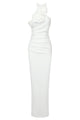 Halter Neck 3D Maxi Flowers Side Opening Dress In White