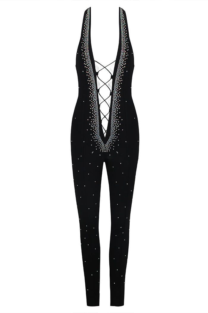 Halter Neck Crystal Backless Jumpsuits