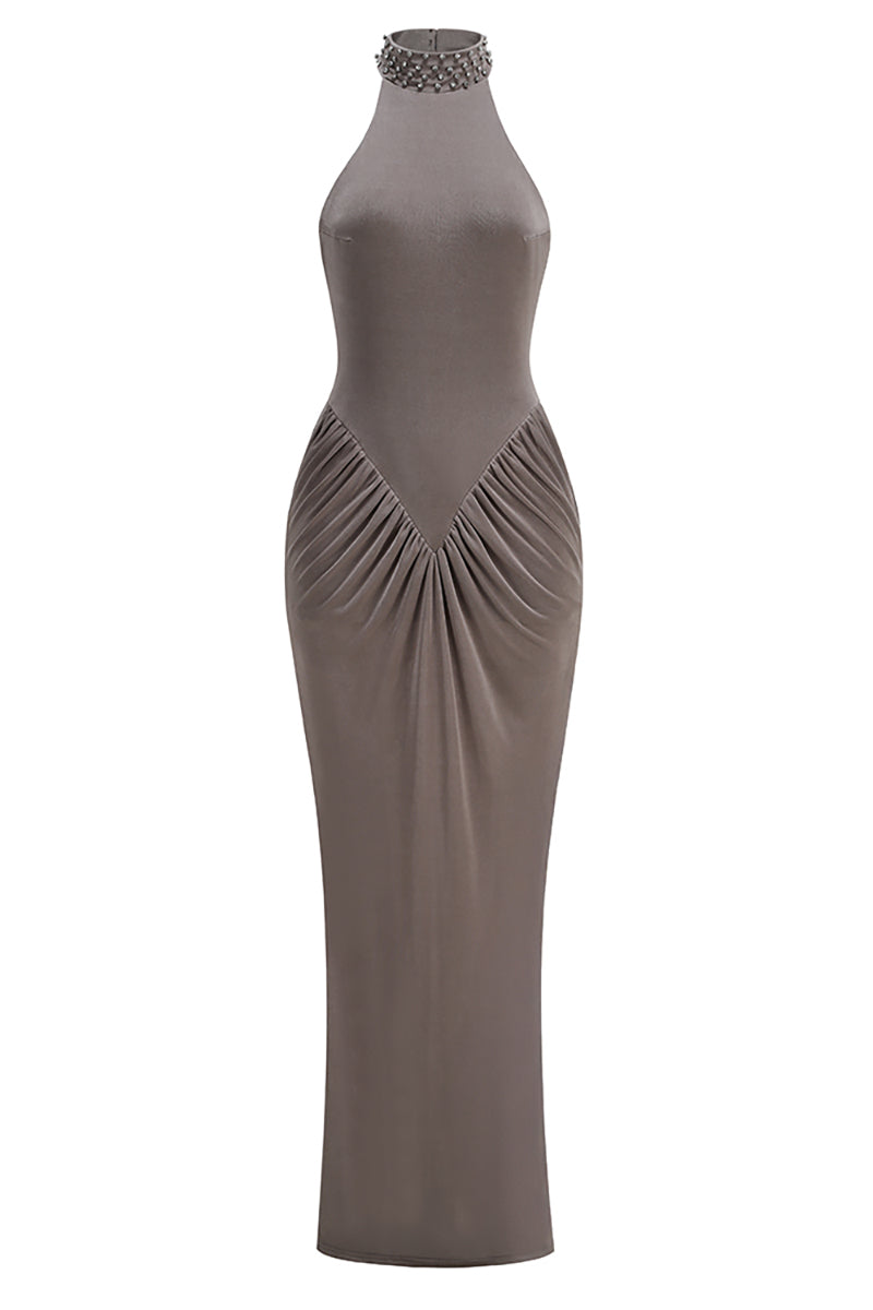 Halter Neck Ruched Maxi Dress in Gray