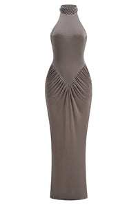 Halter Neck Ruched Maxi Dress in Gray
