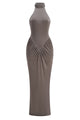 Halter Neck Ruched Maxi Dress in Gray