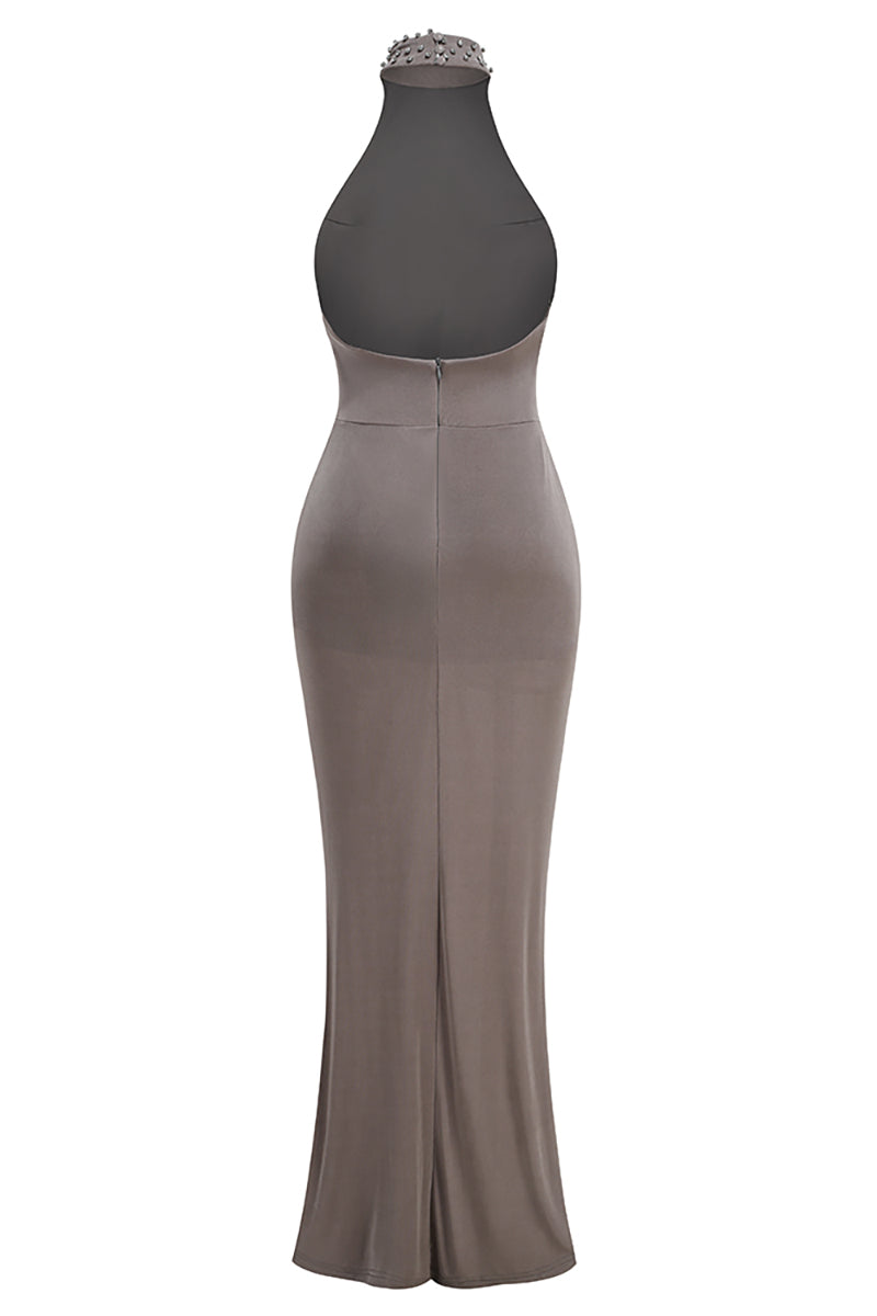 Halter Neck Ruched Maxi Dress in Gray