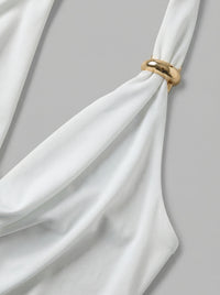 Halter Neck Ruched Midi Dress in White