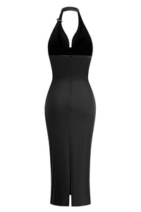 Halter Neck Ruched Midi Dress in Black