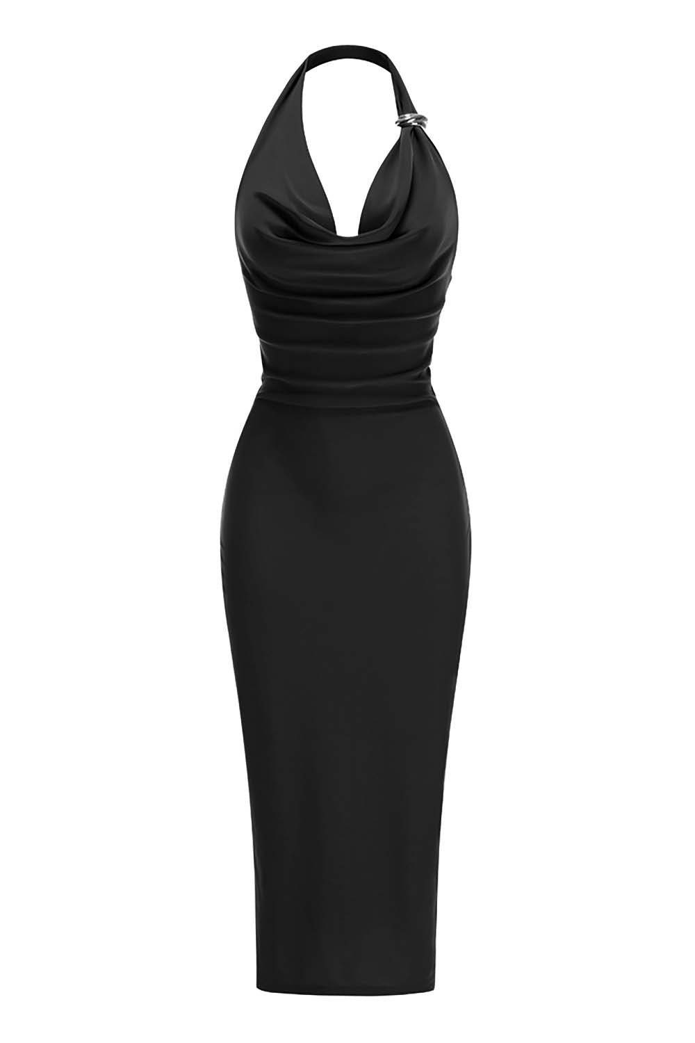 Halter Neck Ruched Midi Dress in Black