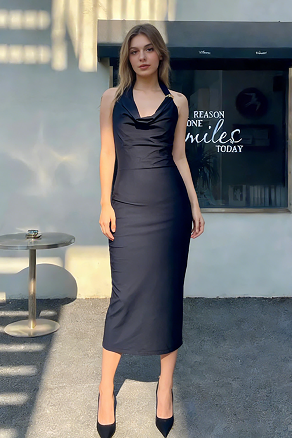 Halter Neck Ruched Midi Dress in Black