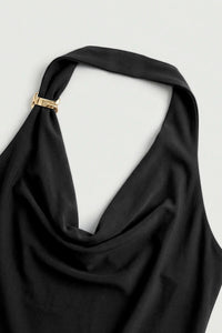 Halter Neck Ruched Midi Dress in Black