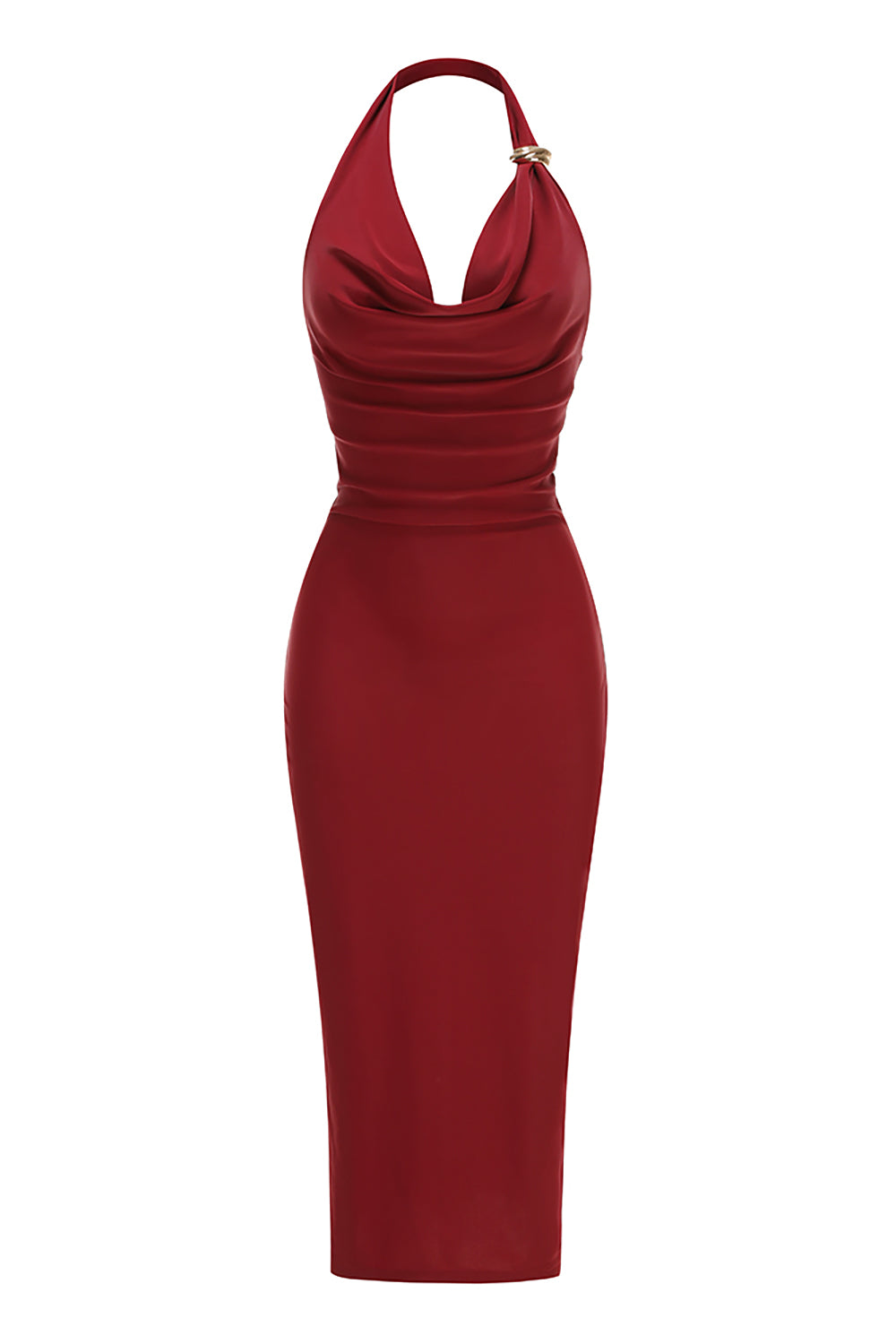 Halter Neck Ruched Midi Dress in Burgundy Burgundy / Large Halter Neck Ruched Midi Dress in Burgundy Burgundy / Large
