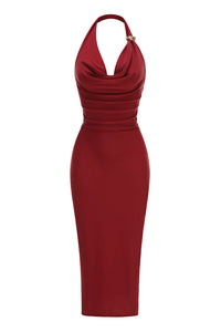 Halter Neck Ruched Midi Dress in Burgundy