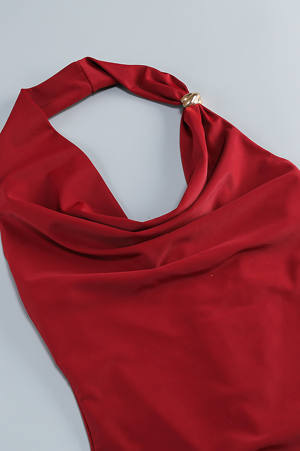 Halter Neck Ruched Midi Dress in Burgundy