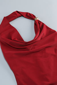 Halter Neck Ruched Midi Dress in Burgundy