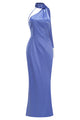 Halter One-Shoulder Column Gown in Blue