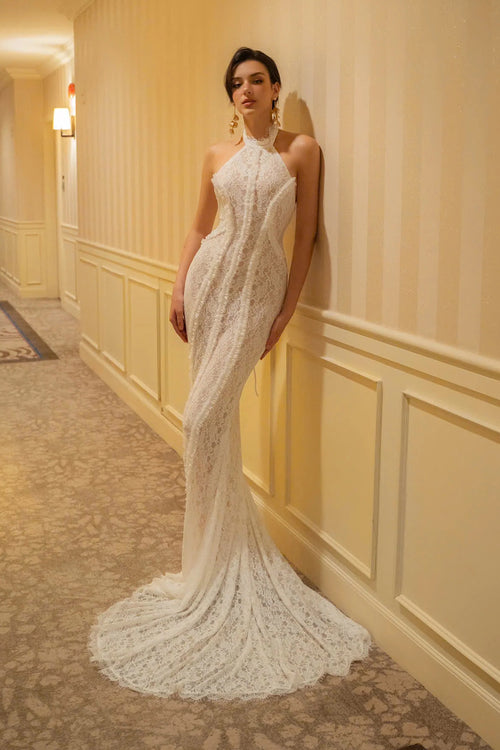 Halter Open Back Lace Wedding Dress IULOVER Halter Open Back Lace Wedding Dress IULOVER