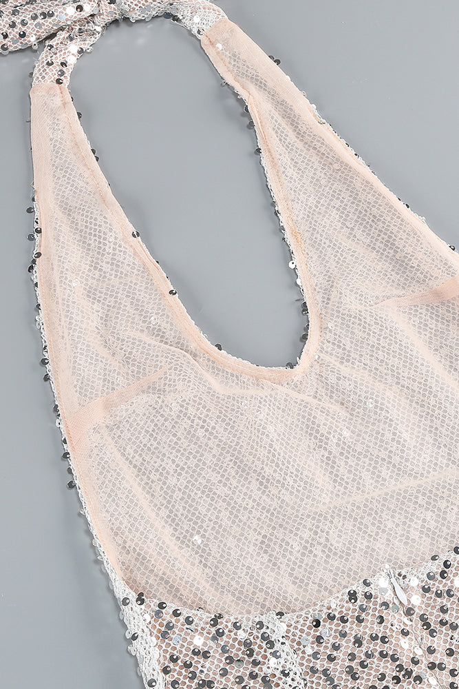 Vestido con escote halter y lentejuelas en color gris