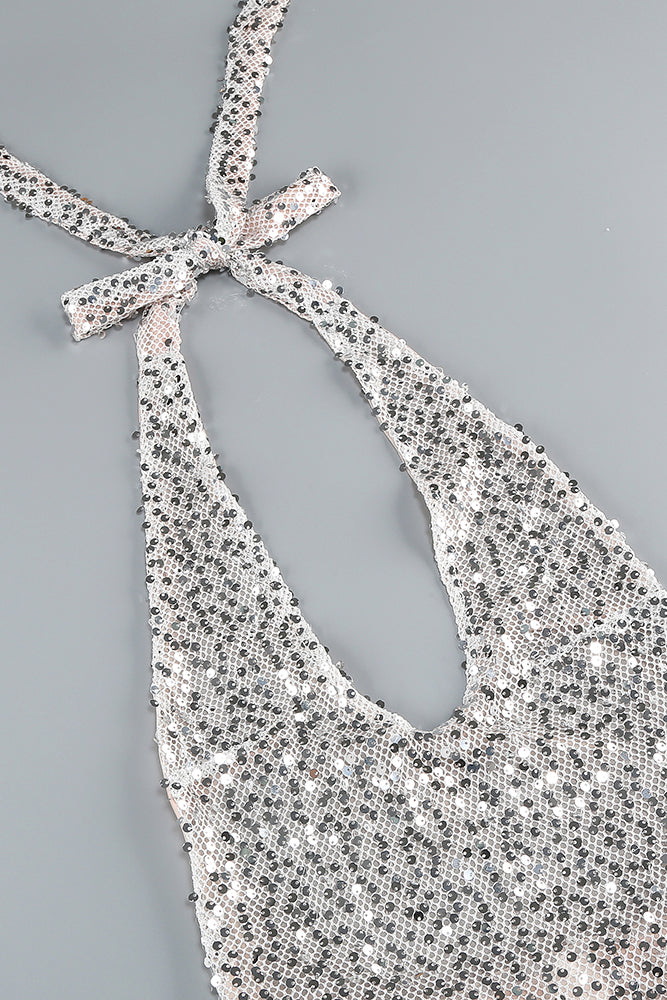 Vestido con escote halter y lentejuelas en color gris