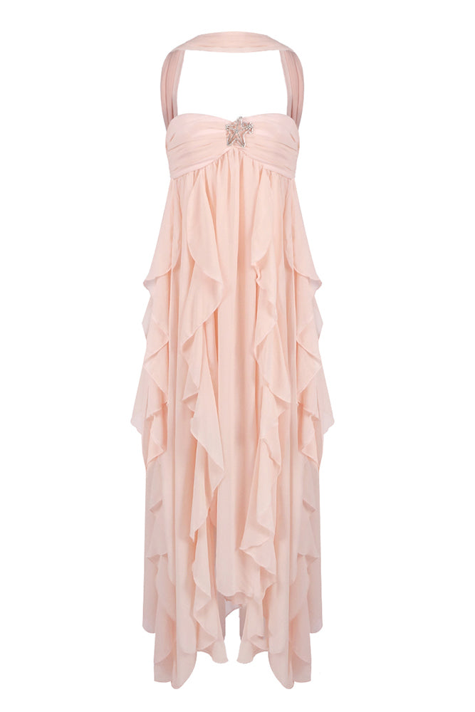 Halter Backless Ruffle A-line Dress IULOVER Halter Backless Ruffle A-line Dress IULOVER