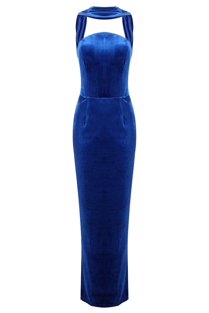 Halter Sash Velvet Maxi Dress Blue / Small Halter Sash Velvet Maxi Dress Blue / Small